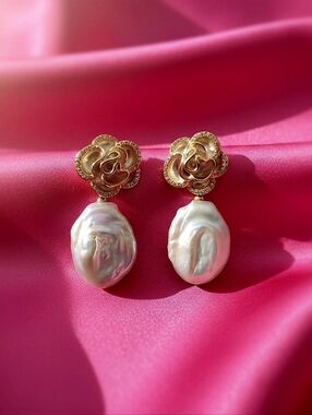 925 Silver Ear Pin -Drop Earrings - Freshwater Baroque Pearls